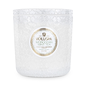 Voluspa Moroccan Mint Tea Embossed Glass Triple Wick Luxe Candle 30 Oz. In White