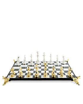 L'Objet Modern Classic White Marble Brass Accent Chess Set