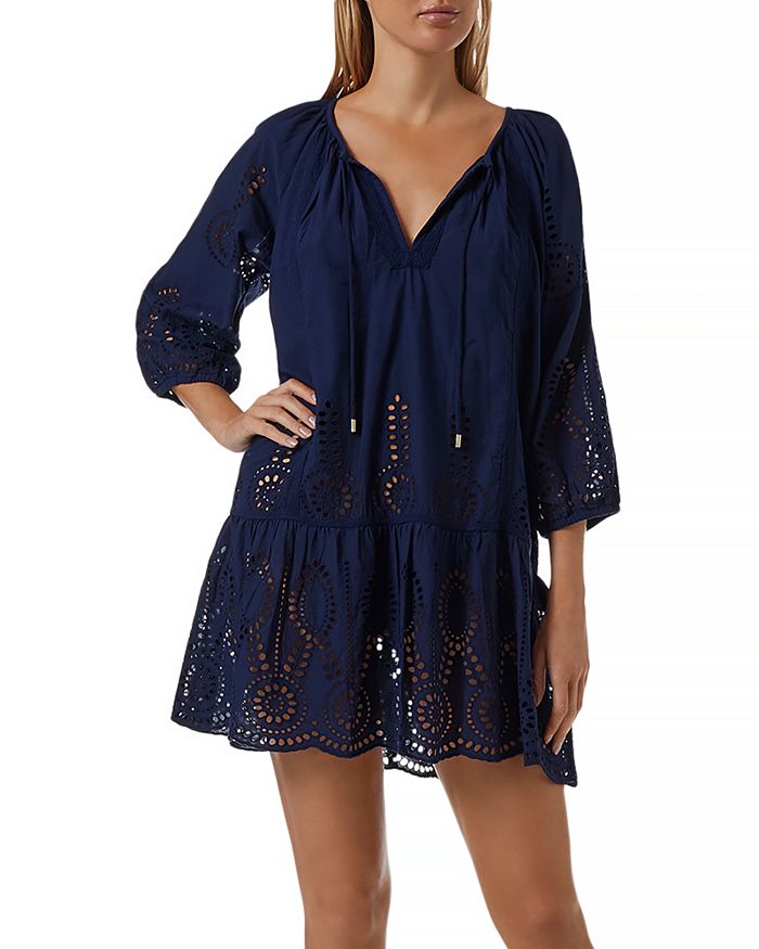 Melissa Odabash Ashley Lace-trimmed Broderie Anglaise Cotton Kaftan In Navy