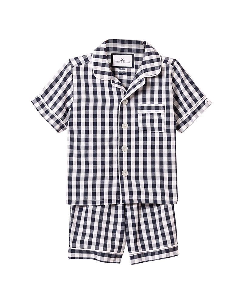 Petite Plume Kid's Gingham Twill Pajama Set W/ Contrast Piping In Navy Gingham