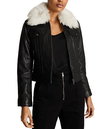 REISS Shellie Shearling Collar Cropped Leather Jacket | Bloomingdale's