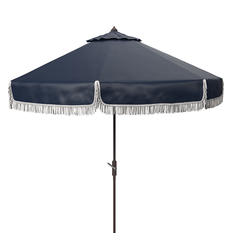 Safavieh Milan Fringe 11ft Round Crank Umbrella In Navy/white