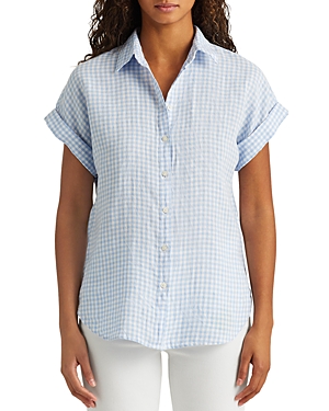 Ralph Lauren Lauren  Gingham Linen Short Dolman Sleeve Shirt In Light Blue/white