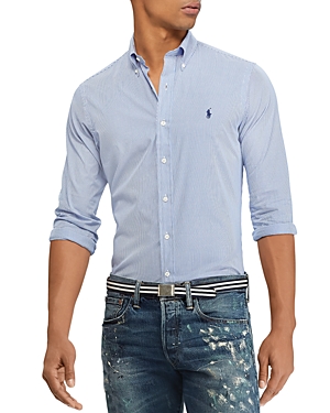 Shop Polo Ralph Lauren Slim Fit Long Sleeve Poplin Button Down Shirt In Blue/white Hairline Stripe