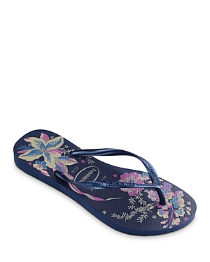 Shop Havaianas Women's Slim Organic Floral Print Rubber Flip Flops In Navy Blue