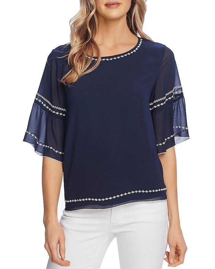 Vince Camuto Bell Sleeve Embroidered Top In Mood Indigo