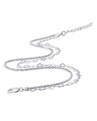 Double Row Heart Link & Diamond Cut Rope Chain Ankle Bracelet in Sterling Silver - Exclusive