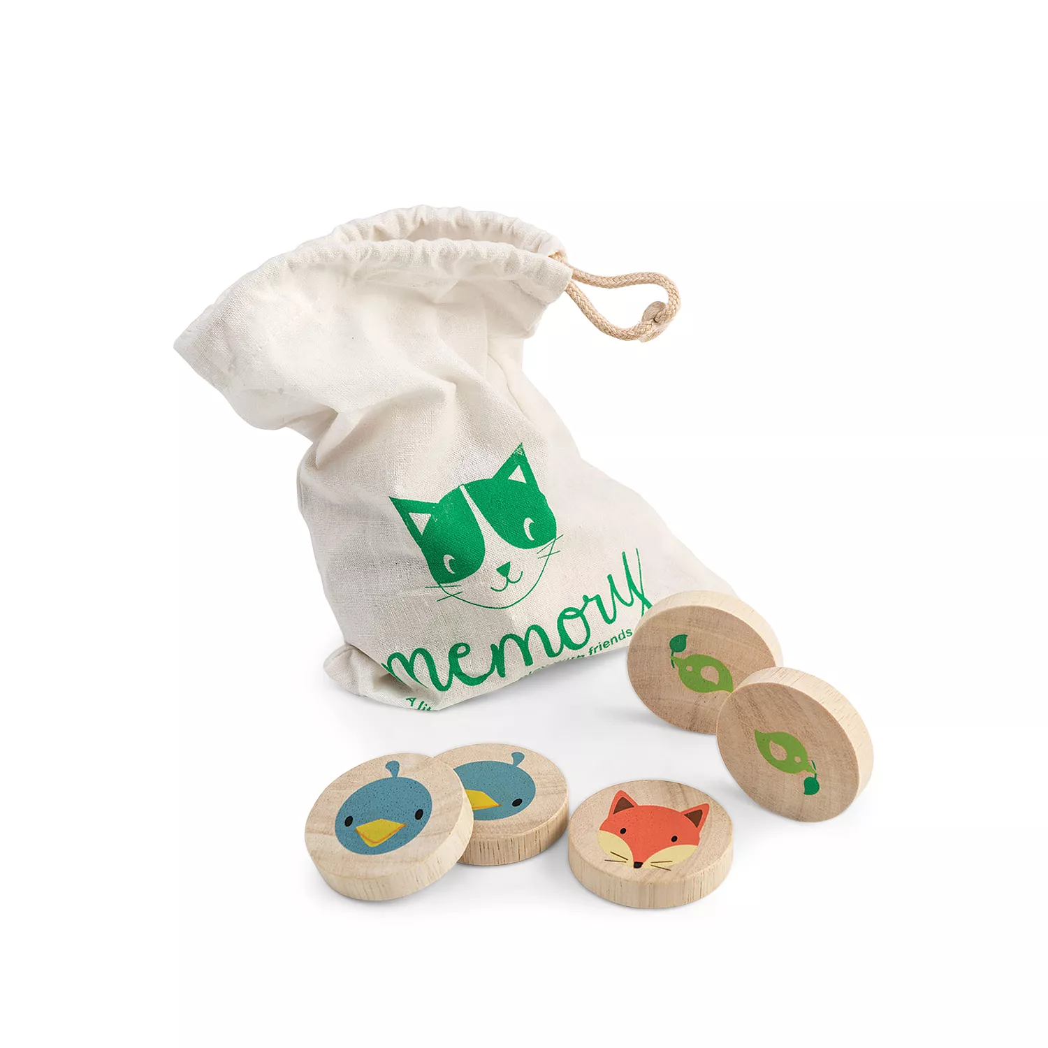 Tender Leaf Toys Clever Cat Memory Game with wooden animal matching discs and drawstring storage bag
