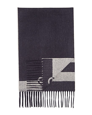 Ferragamo Striped Double Face Fringed Wool/cashmere Scarf In Navy/beige