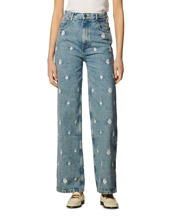 Sandro Flower Embroidered Ankle Jeans in Blue Jean | Bloomingdale's