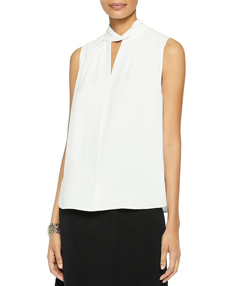 Misook Pleated Mock-neck Crepe De Chine Blouse In White