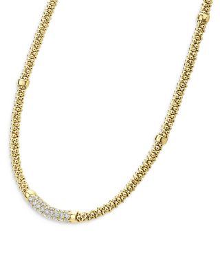 18K Yellow Gold Caviar Beaded Necklace with Diamonds, 16"