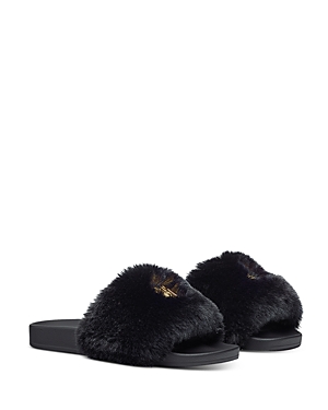 Mcm Women's Faux Fur Logo Slide Sandals In Black