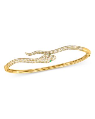 Bloomingdale's Fine Collection - Emerald & Pav&eacute; Diamond Snake Bangle Bracelet in 14K Yellow Gold - Exclusive