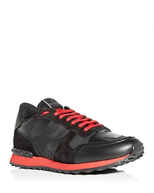 Valentino Garavani Men's Rockrunner Camo Print Low Top Sneakers In Black/red