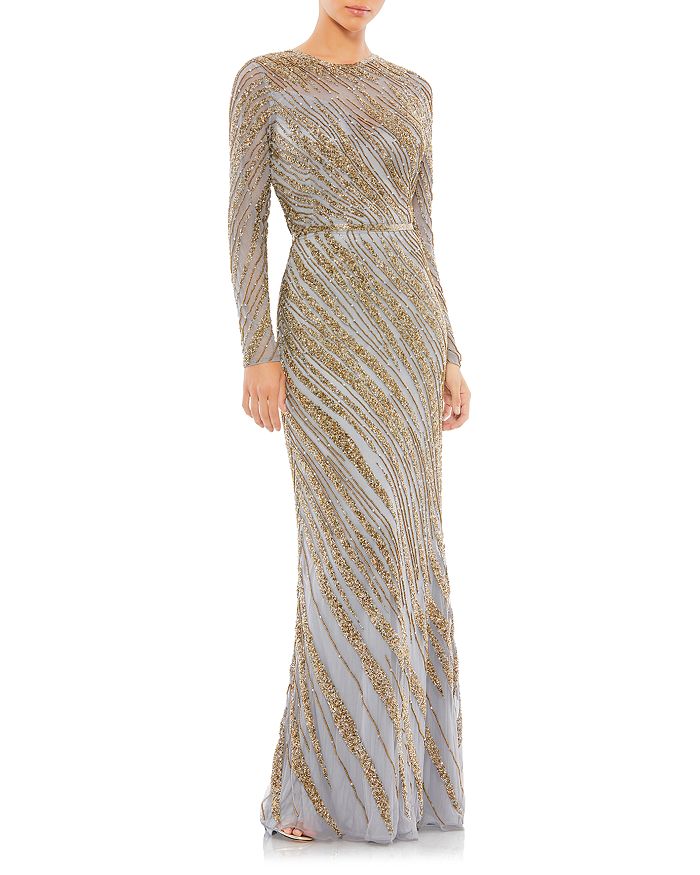 Mac Duggal Beaded Illusion Neck Long Sleeve Gown | Bloomingdale's