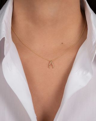 14K Yellow Gold Wishbone Pendant Necklace, 16-18"