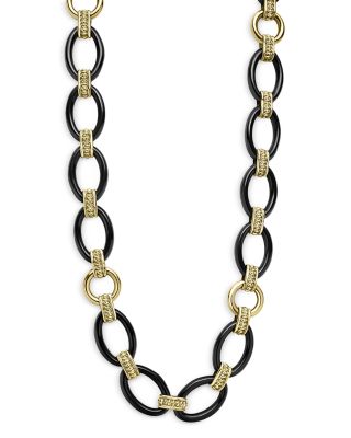 Meridian 18K Yellow Gold Black Caviar Black Ceramic Oval Link Necklace, 18" 