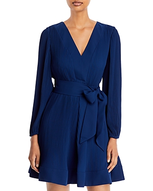 Shop Milly Liv Belted Pleated Dress In Navy