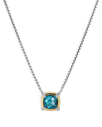 David Yurman - Sterling Silver Petite Chatelaine&reg; Hampton Blue Topaz & Diamond Pendant Necklace with 18K Yellow Gold, 18"