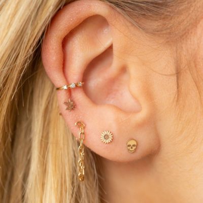 14K Yellow Gold Single Itty Bitty Skull Stud Earring