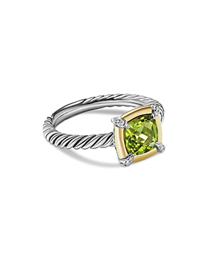 David Yurman 18k Yellow Gold & Sterling Silver Petite Chatelaine Peridot & Diamond Bezel Ring In Green/silver