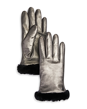 Shop Ugg Shorty Shearling-cuff Leather Tech Gloves In Gunmetal