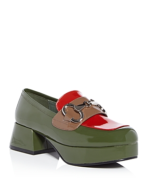 Jeffrey Campbell Women's Student Platform Block Heel Loafers In Forest Green Patent Multi