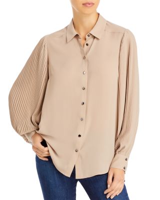 T Tahari Georgette Pleated Long Sleeve Button Down Blouse