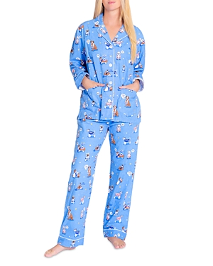 Pj Salvage Cotton Printed Flannel Pajamas & Headband Set In Bright Blue