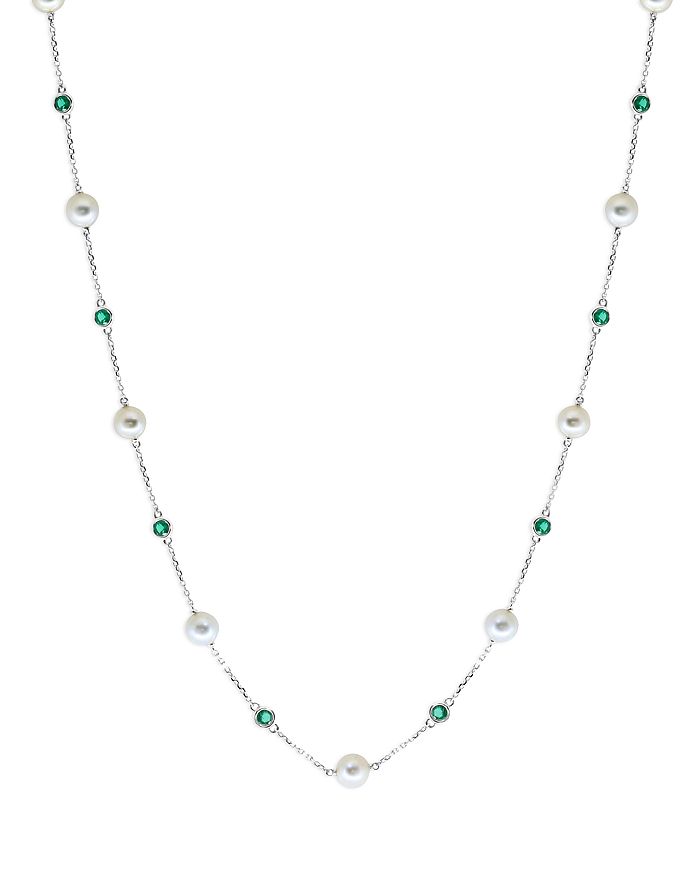 Bloomingdale's - Cultured Freshwater Pearl & Emerald Bezel Statement Necklace in 14K White Gold, 17" - 100% Exclusive