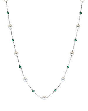 Bloomingdale's Cultured Freshwater Pearl & Emerald Bezel Statement Necklace in 14K White Gold, 17 - 
