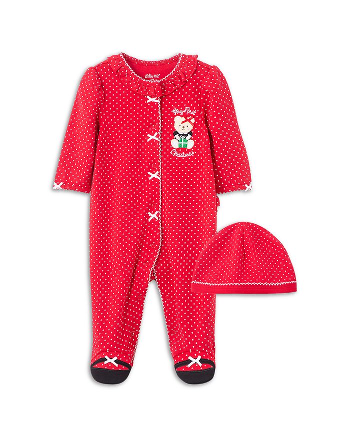 Little Me - Girls' Holiday Bear Cotton Footie & Hat Set - Baby