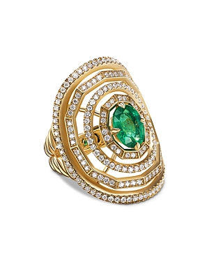 David Yurman Stax Statement Ring In 18k Yellow Gold With Full Pave Diamonds And Emerald In Gold/green