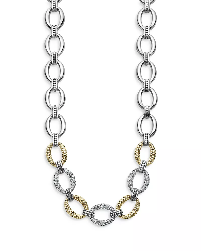 Lagos Sterling Silver & 18K Yellow Gold Caviar Luxe Diamond Link Necklace, 18
