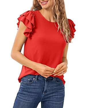 Cece Double Ruffle Knit Top In Coral Sunset