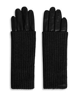 Shop Allsaints Long Knit Cuff Leather Gloves In Black
