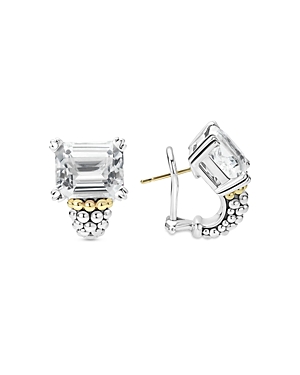 Lagos 18k Yellow Gold & Sterling Silver Glacier White Topaz Caviar Beaded Large Half Hoop Earrings In Silver