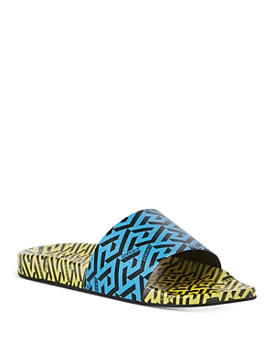 Versace Men's Greca Print Color Block Logo Slide Sandals In Pineapple