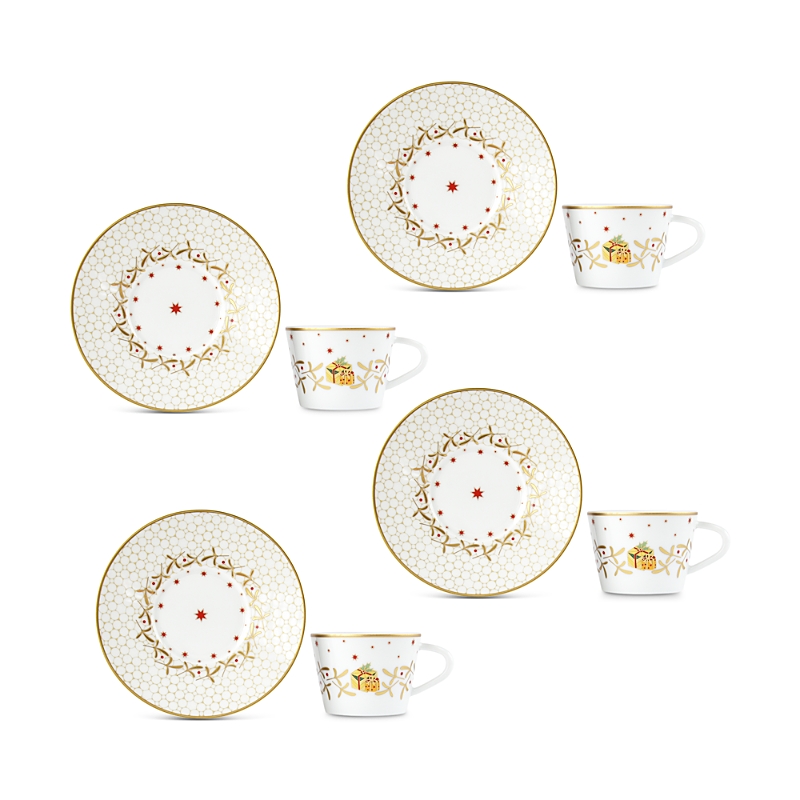 BERNARDAUD NOEL 4 PIECE COFFEE CUPS & SERVERS, SERVICE FOR 2