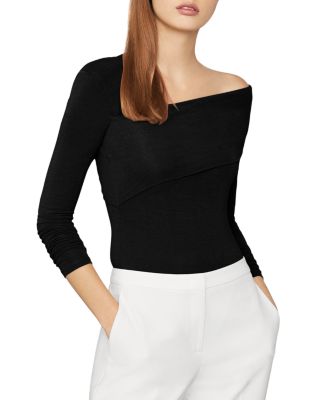 Bcbgmaxazria Asymmetric Long Sleeve Bodysuit In Black ModeSens