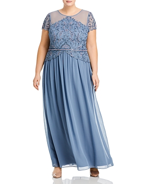 Adrianna Papell Plus Beaded Bodice Gown In Vintage Blue
