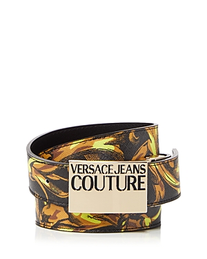 Versace Jeans Couture Men's Logo Baroque Print Leather Belt In Black + Gold