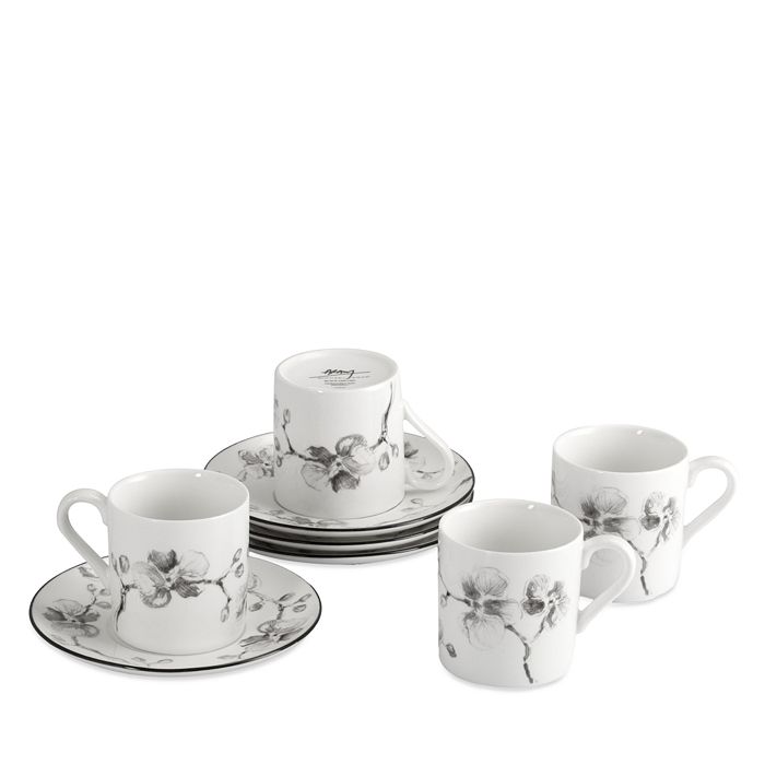 Set 6 Black Silver Flowers Porcelain Demitasse Espresso Flared Cups with Saucers 