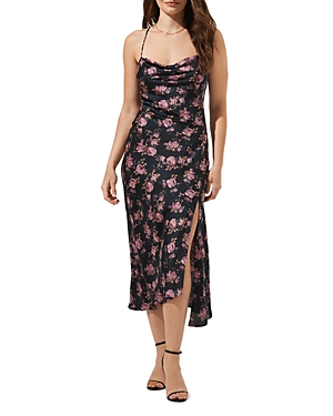 Astr The Label Floral Strappy Cowl Neck Slip Dress In Dark Navy/purple Floral