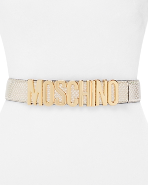 Moschino Women's Logo Buckle Snake Embossed Leather Belt In Gold