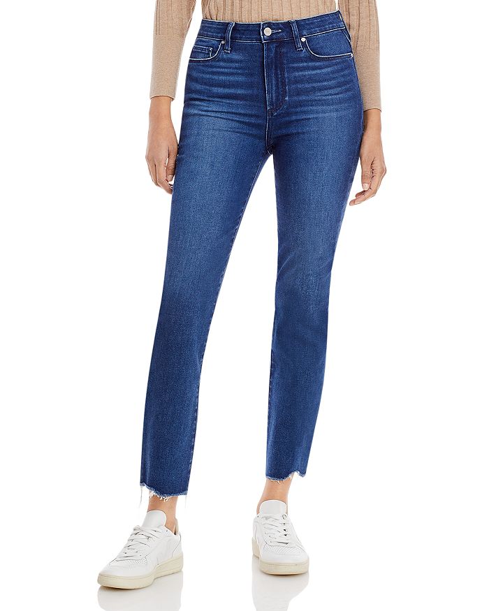 Paige Cindy High Rise Raw Hem Ankle Straight Jeans In Agean