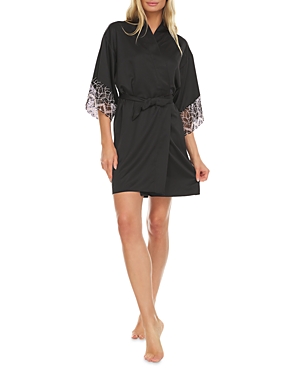 Shop Flora Nikrooz Sydney Lace Trim Charmeuse Wrap Robe In Black