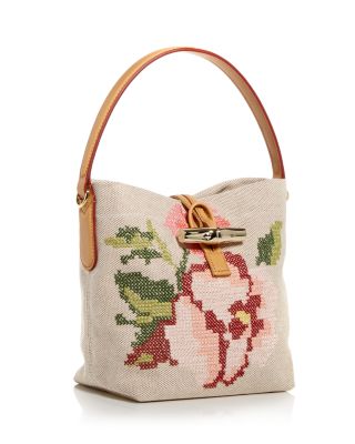 Longchamp Roseau Essential Fleurs Embroidered Mini Canvas Bucket