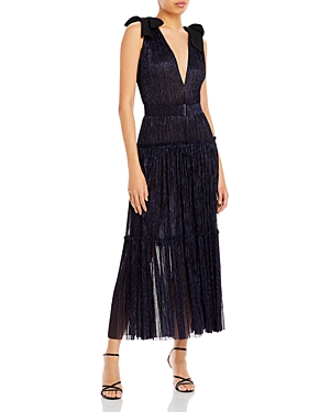 Sabina Musayev Ray Bow Pleated Maxi Dress In Navy